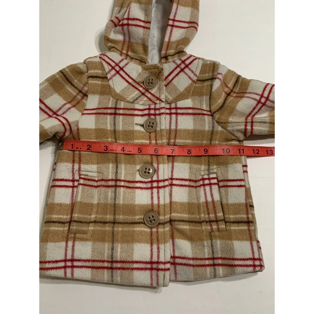 Old Navy VTG Pea Coat Plaid‎ Hooded Button Front Pockets Tan 6-12 months